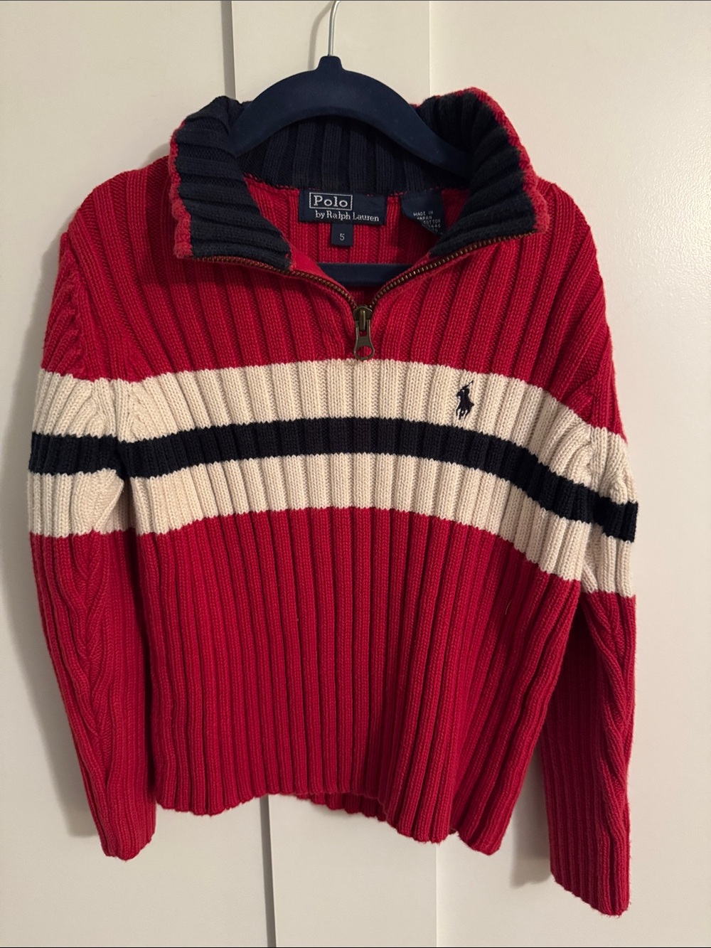 Polo by Ralph Lauren Red Ribbed Half-Zip Sweater with White & Black Stripes